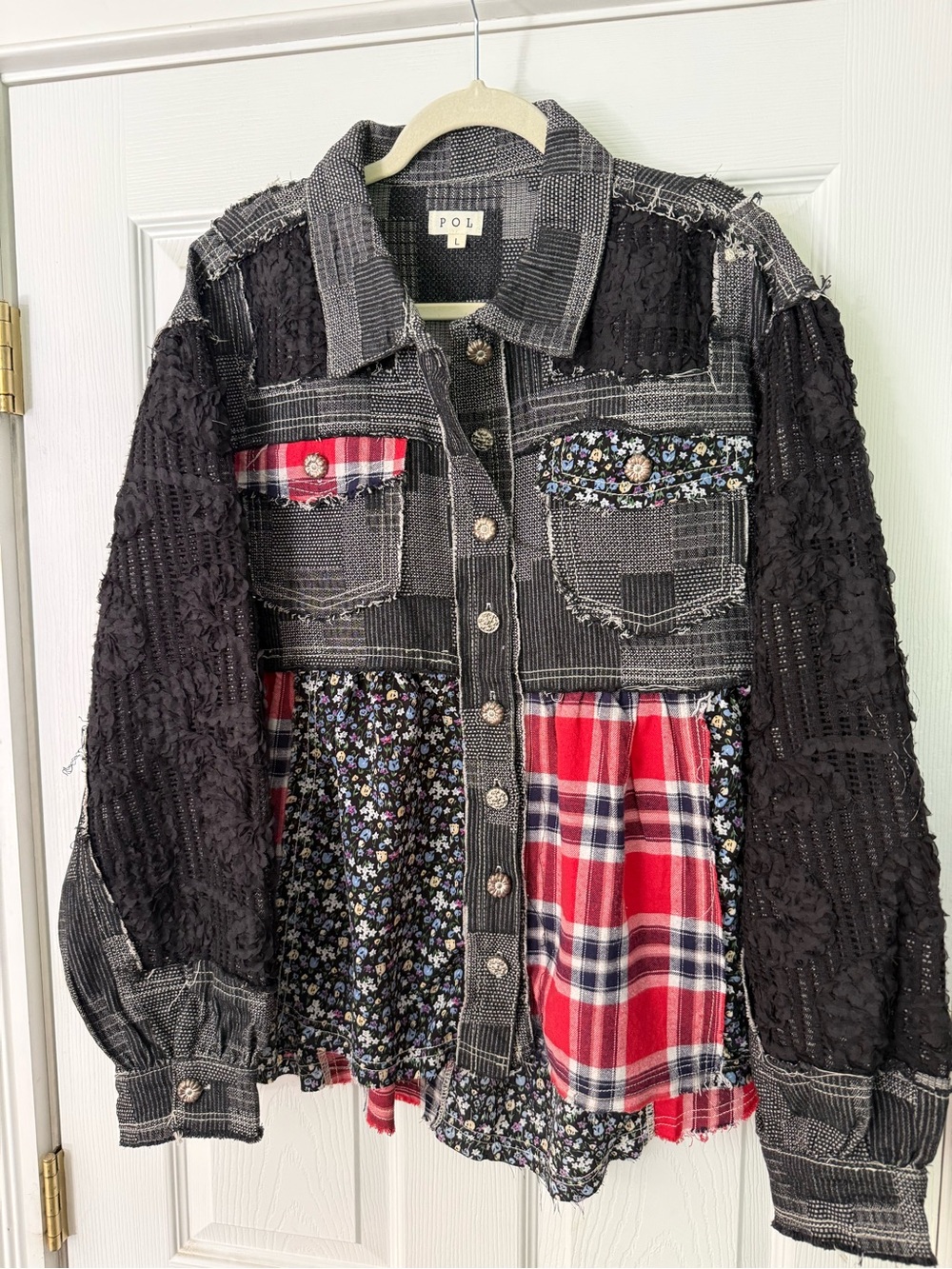 POL Patchwork Black Gray Jacket with Red Plaid & Floral Panels - Picture 7 of 7